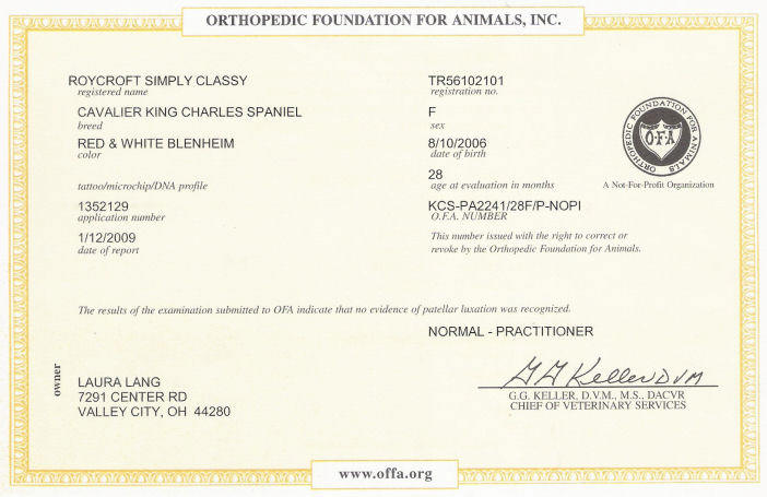 OFA patellar luxation certification form